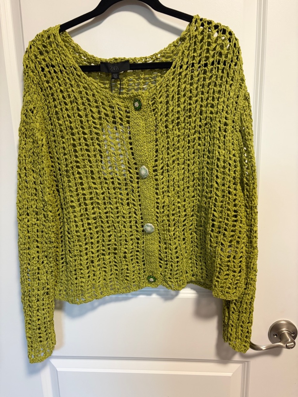 Zara Lime Green Open-Knit Button Cardigan